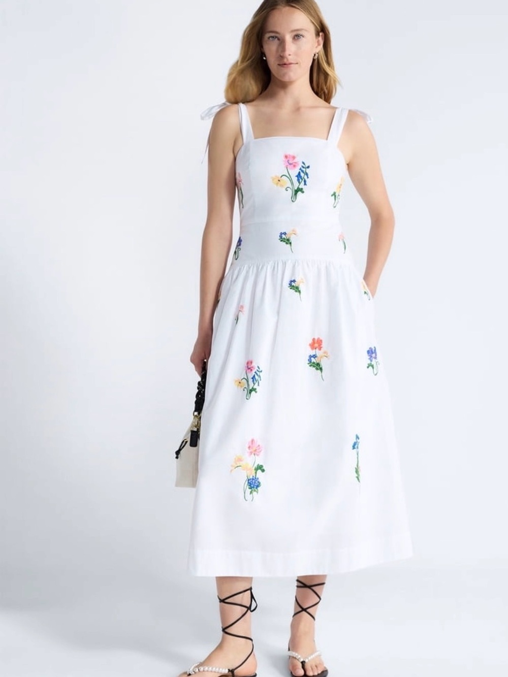 White Floral Embroidered Midi Dress with Tie Straps